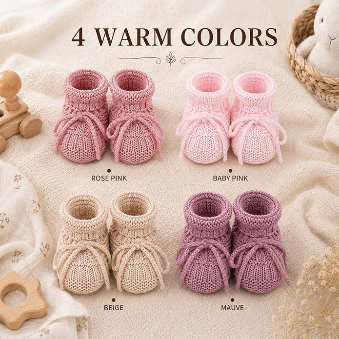 gisgfim 4 Pairs Knitted Baby Booties Newborn Walking Shoes Cotton Bootie Cozy - Image 5