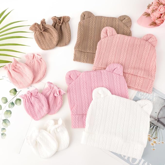 Newborn Baby Hat and Mittens Set Bear Ears Toddler Infant Beanie Caps Newborn - Image 4