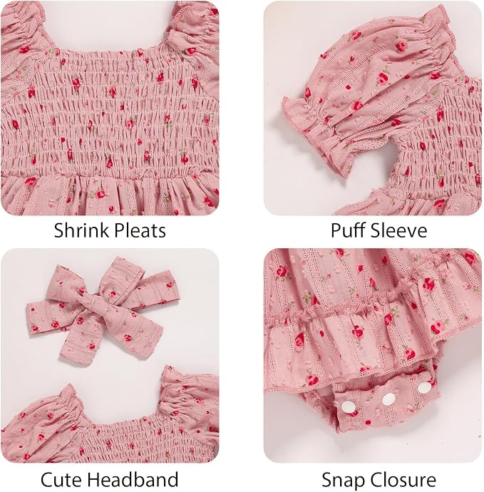 GRNSHTS Baby Girl Romper Dress, Puff Sleeve Smocked Outfit - Image 6
