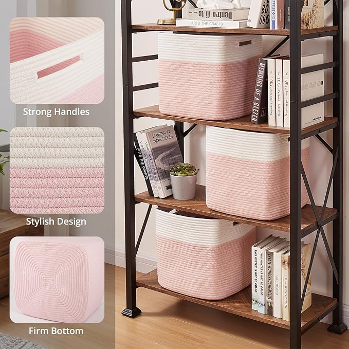 OIAHOMY 13 Kallax Inch Cube Storage Bins, 3-Pack Cotton Rope Woven Baskets for Organizing, Kallax Insert Storage Baskets for Shelves, Baby Nursery, Closet Organizer, 13*13*12.6IN, Pink & White