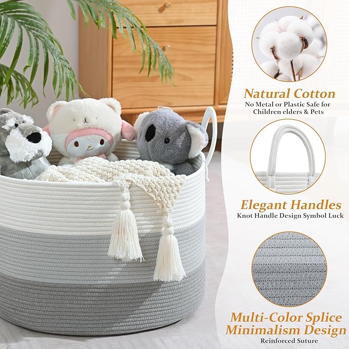 67L Storage Basket for Organizing, 20"×13" Large Laundry Baskets, Cotton Rope Woven Blanket Basket, Toy Storage for Kids, Collapsible Blankets Storage for Living Room, Nursery Room
