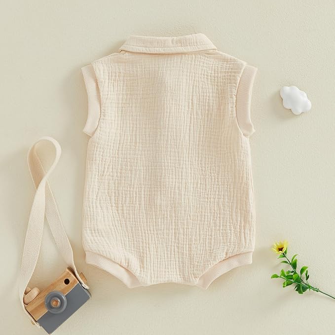 Honganda Newborn Baby Boy Cotton Linen Romper Short Sleeve Lapel Collar Button - Image 4
