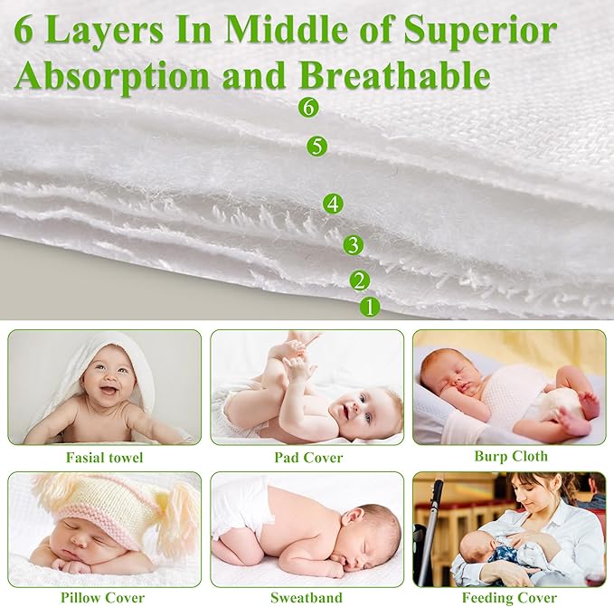 6 Ply Cloth Diapers Burp Cloth, Fasoar Thick Washable Absorbent Cotton Diaper - Image 3