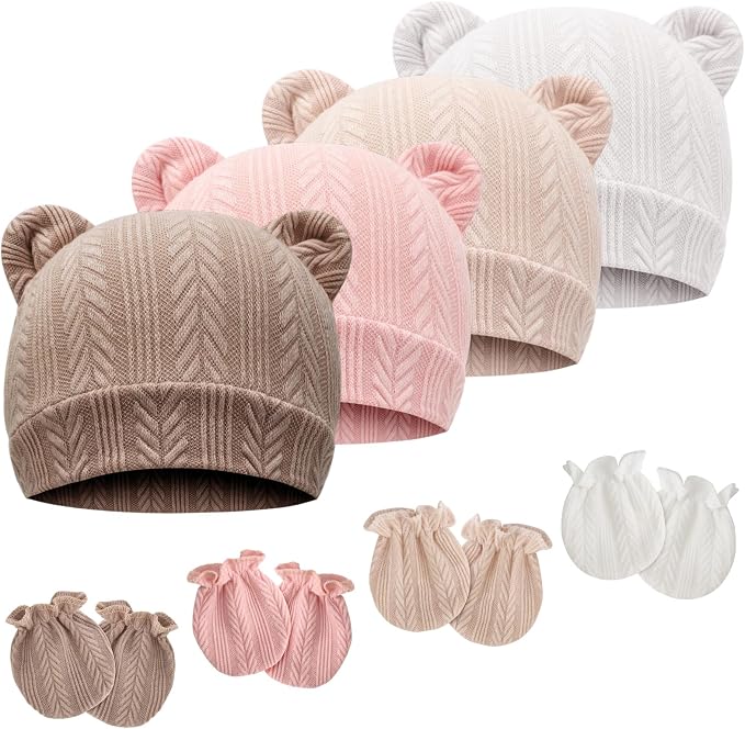 Newborn Baby Hat and Mittens Set Bear Ears Toddler Infant Beanie Caps Newborn by AQOKKA