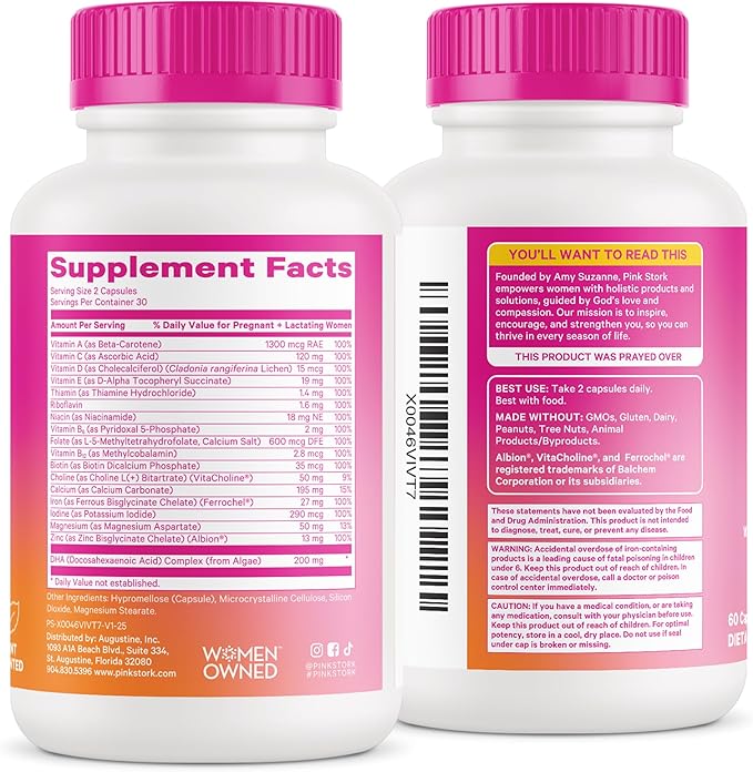 Pink Stork Total Prenatal Vitamins with DHA, Folate, Iron, Choline, and Vitamin B12 - Preconception Nutrition - Prenatals for Women, Pregnancy Essentials - Mint Essence, 60 Capsules, 1 Month Supply