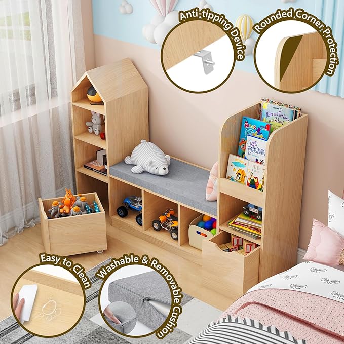 Vabches Kids Bookcase with Reading Nook, Oak Bookshelf with 7 Storage Cubbies & 2 Movable Drawers, Seat Cushion for Toy Storage, Children's Bedroom