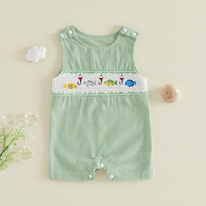 Newborn Baby Boys Sleeveless Seersucker Romper One Piece Straps Overalls - Image 2