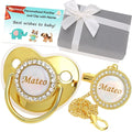 Personalized Pacifier with Name, Bling Gold Pacifier Clip Set with Gift Box Greeting Card, Glitter Crystal Luxurious Soother Dummy Ideal Gift for Boys Baby Shower Newborn Photography(Gold)