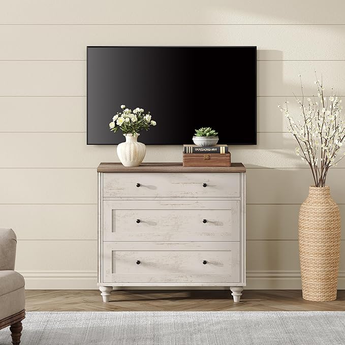 WAMPAT Baby Dresser for Bedroom with 3 Drawers, Kids Dressers with Wide Chest of Drawers, Farmhouse Wooden Closet Storage Organizer, Small Dressers for Living Room, Nursery, Hallway, Rustic White