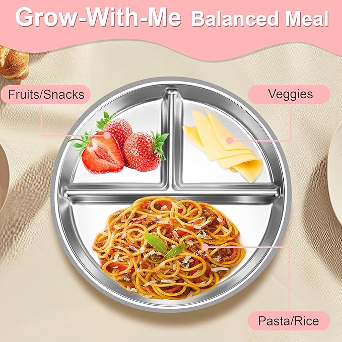Bella's Friends Stainless Steel Toddler Plates Silicone Suction,3 Packs Non-Slip Baby Plates,Divided Portion,Food-Grade Silicone Plate for Kids,LEAD-FREE Dishwasher Safe, Green Blue Gray