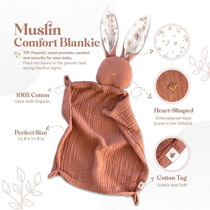 Mikito Organic Cotton Newborn Gifts Box, Unisex Loveys & Accessories incl. Muslin Baby Comforter + Baby Bandana Bib + Wooden Teether + Birth Announcement Sign