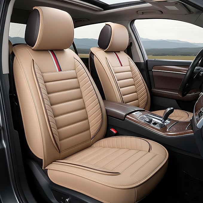 OASIS AUTO Car Seat Covers Premium Waterproof Faux Leather Cushion Universal Accessories Fit SUV Truck Sedan Automotive Vehicle Auto Interior Protector Front Pair (OS-001 Tan)