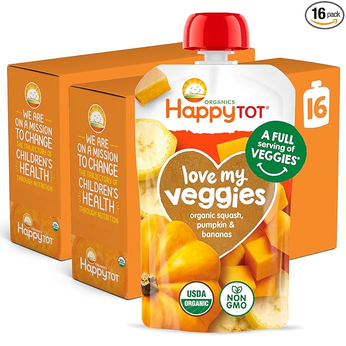 Happy Tot Organics Stage 4 Baby Food Pouches,Gluten Free, Vegan Snack, Love My Veggies, Fruit & Veggies Puree,Squash, Pumpkin & Bananas 4.22 oz Pouch (Pack of 16)