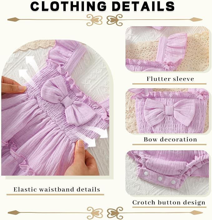 Baby Girl Smocked Romper Dress Ruffle Bow Summer Outfit - Image 4