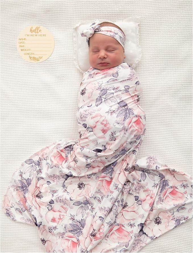 Newborn Baby Swaddle Set Headband Beanie and Name Card by Vollmic