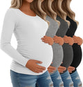 Riyiper 4 Pack Women's Maternity Shirts, Long Sleeve Cotton Ribbed Pregnancy Tee Top Crewneck Side Ruched Casual Mama Clothes