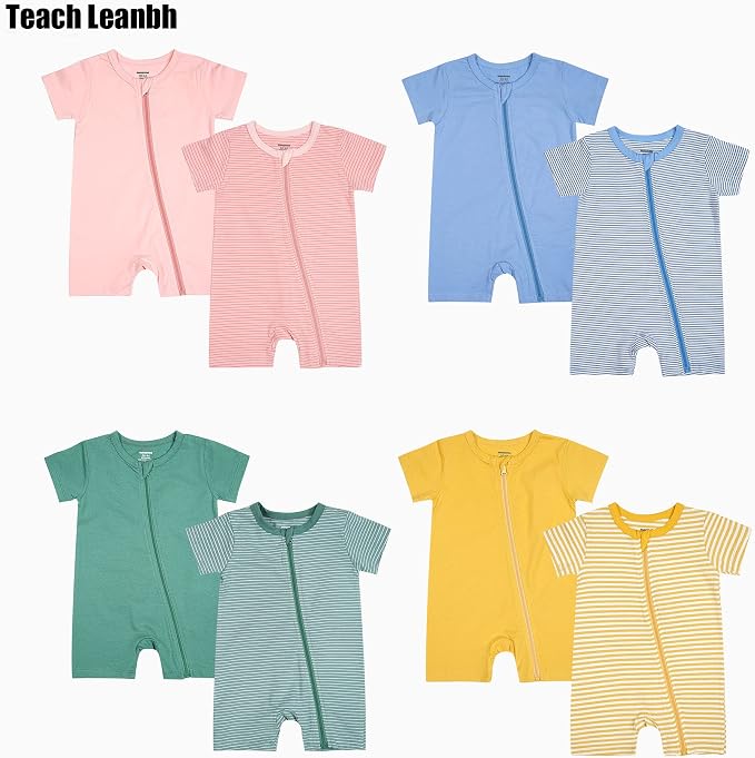 Teach Leanbh Unisex Baby 2 Pack Pajamas Cotton Short Sleeve Zipper Romper - Image 6