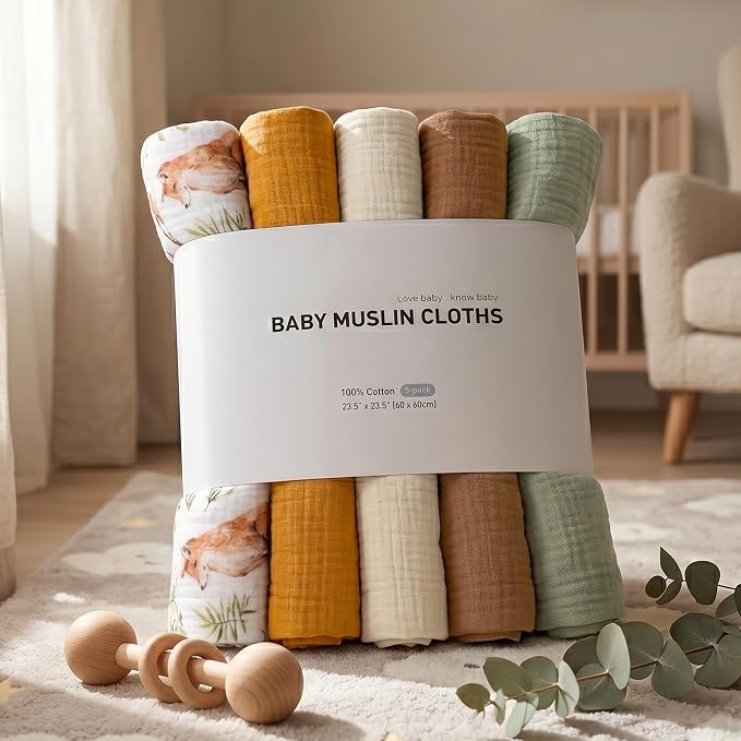 Muslin Receiving Blankets 5 Pack, Soft Swaddle Wraps - Image 9