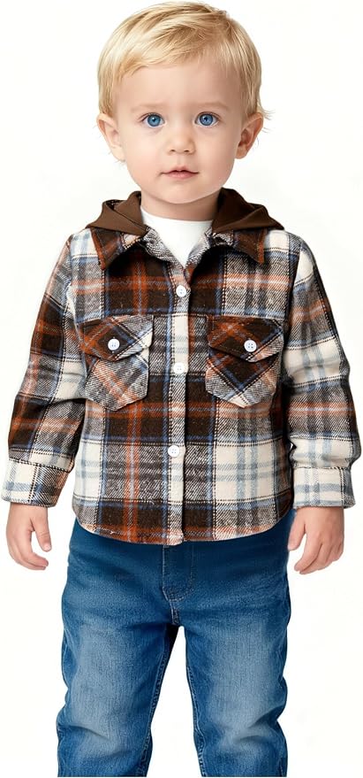 YOUNGER STAR Toddler Kids Boys Girls Flannel Hooded Plaid Shirt Button Baby Red - Image 4