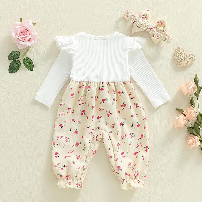 Newborn Baby Girl Clothes Ruffle Sleeve Jumpsuit Corduroy Floral - Image 6