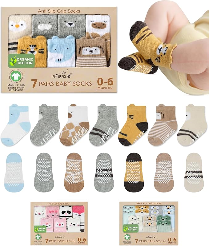 GOTS Organic Cotton Blend 7 Baby Socks 0-6 Months Animal Design Non Slip by Infancie