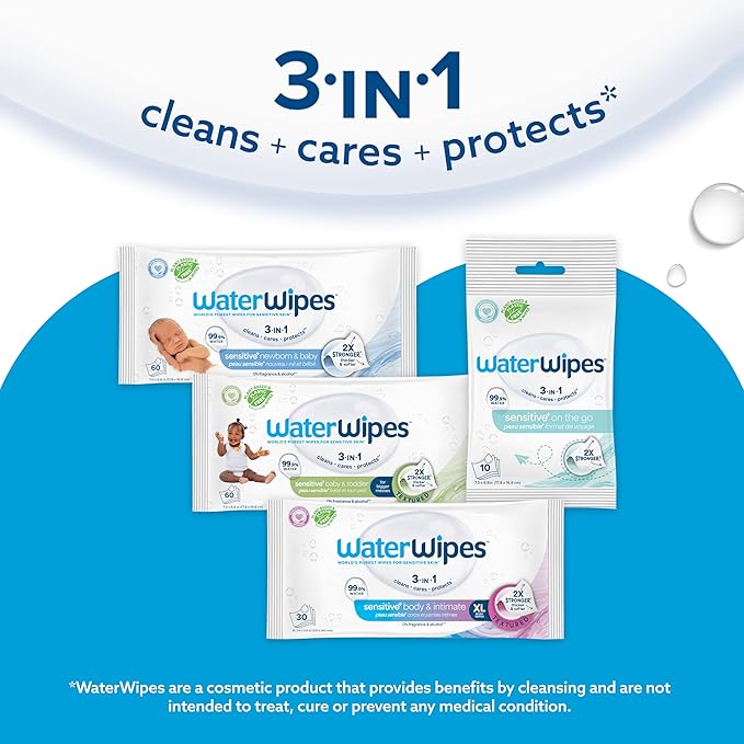 WaterWipes Sensitive+ Baby & Toddler Wipes, 3-In-1 Cleans, Cares, Protects, 99.9% Water, Textured Clean, Unscented & Hypoallergenic, 720 Count (12 Packs)