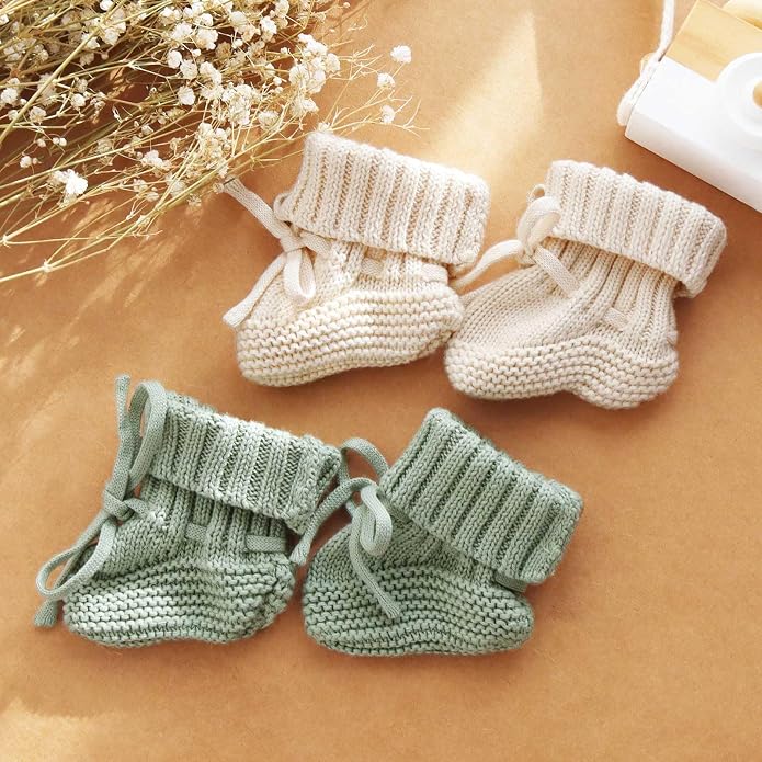LifeTree Baby Knit Booties-2 Pairs, Cozy Cotton Handmade Crochet Baby Shoes - Image 3