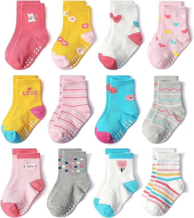 SkiBeaut Baby Toddlers Girls Socks, 12 Pairs Non Slip Kids Grips Toddler Grippy by SKIBEAUT