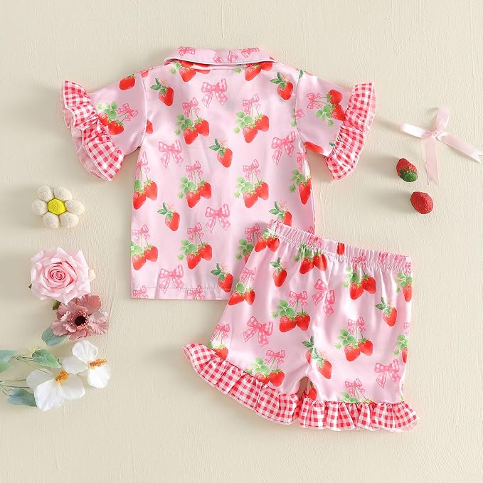 Kuriozud Toddler Baby Girl Pajamas Set Summer Floral Short Sleeve Button Down - Image 6