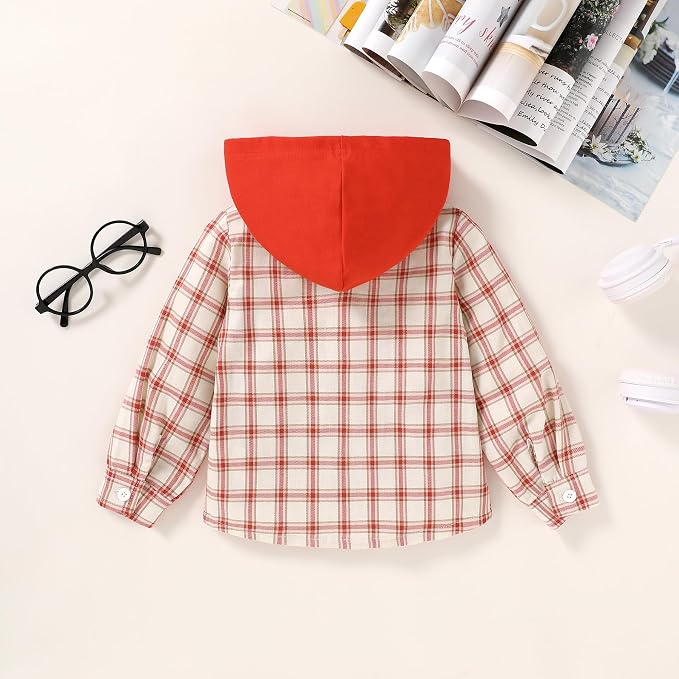 YOUNGER STAR Toddler Kids Boys Girls Flannel Hooded Plaid Shirt Button Baby Red - Image 3