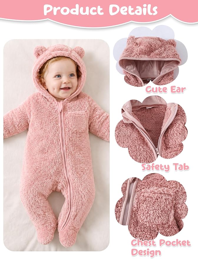 Jecson Baby Snowsuit Newborn Bear Hooded Fleece Outfit Baby Clothes 0M-12M - Image 4