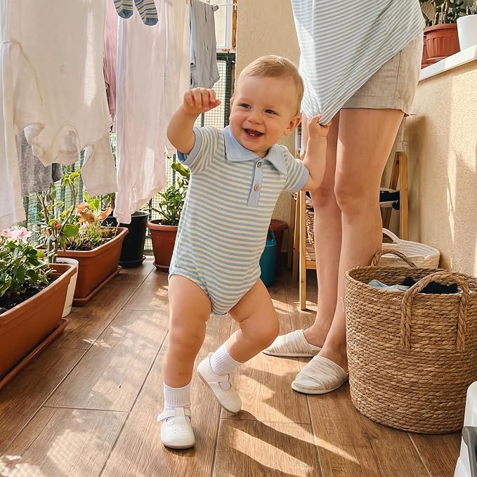 VISGOGO Baby Boy Striped Romper Waffle Short Sleeve Button Oversized Bodysuit - Image 2