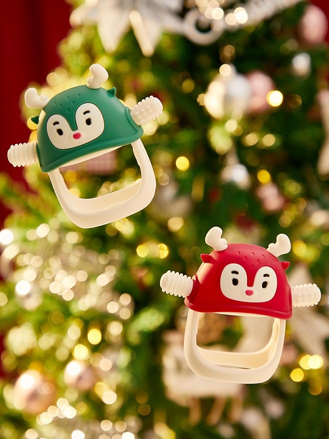 Baby Christmas Stocking Stuffers-Smily Mia Penguin Buddy and Reindeer 2 in 1 Christmas Gift/Toy Set for 0-12 Months Teething Babies, Teeting Mittens For Babies, Infant Christmas Gift Box-Christmas Red