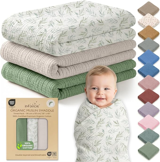 100% Organic Cotton 3 PK Muslin Blanket by Infancie