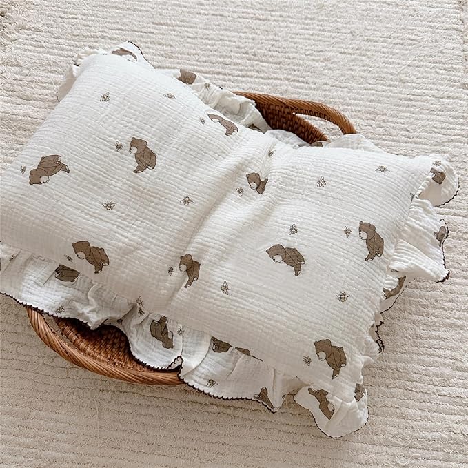 AOJIM Cute Cartoon Pattern Muslin Toddler Kids Pillow Case Super Soft Cotton Baby Crib Pillowcase 1pc with Ruffle Edge, Machine Washable Boys Girls Pillowcase with Bear and Bee Print, 26 * 20''