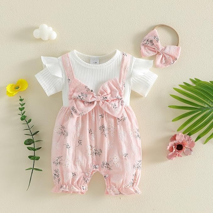 YINGISFITM Newborn Baby Girl Summer Clothes Short Sleeve Bubble Romper Bow - Image 4