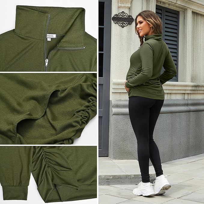GINKANA Maternity Women's Long Sleeve Shirt Half Zipper Lapel Lightweight Casual Maternity Pullover with Pockets