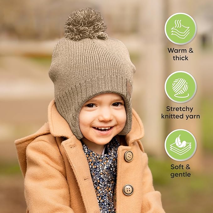 Baby Beanies, Baby Hats for Boys, Girls - Cute Toddler Winter Hat, Soft & Stretchy Beanies for Infant, Newborn 6-36 Months, Cozy & Warm with Earflap Muff & Pom (Taupe)