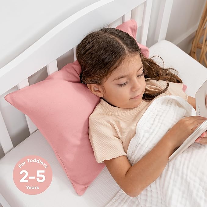 Comfy Cubs Toddler Pillow with Cotton Pillowcase, 13 x 18 in - Travel and Sleep Support for Kids - Lightweight, Breathable Microfiber Fill - Soft and Cozy Small Pillow for Toddlers - Blush