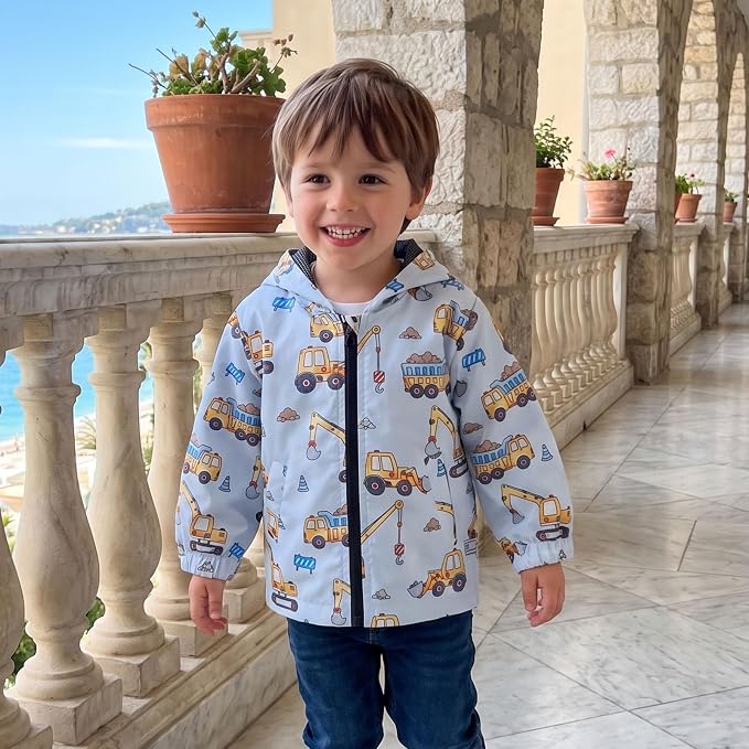 Toddler Baby Boy Lightweight Hooded Jacket Excavator Coat Outwear | Truck Print - Image 4
