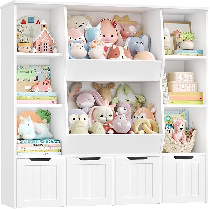 FINETONES Toy Organizers and Storage with 4 Movable Drawers, Large Toy Storage Organizer with 8 Open Storage Cubbies, Kids Bookshelf and Toy Storage with Hidden Wheels for Playroom, Kids Room,White