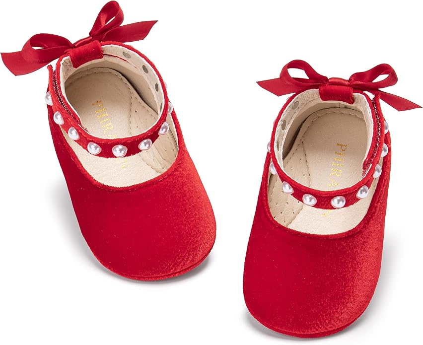 Baby Girls Mary Jane Flats - Infant Newborn Walking Shoes Soft Rubber Sole Princess Wedding