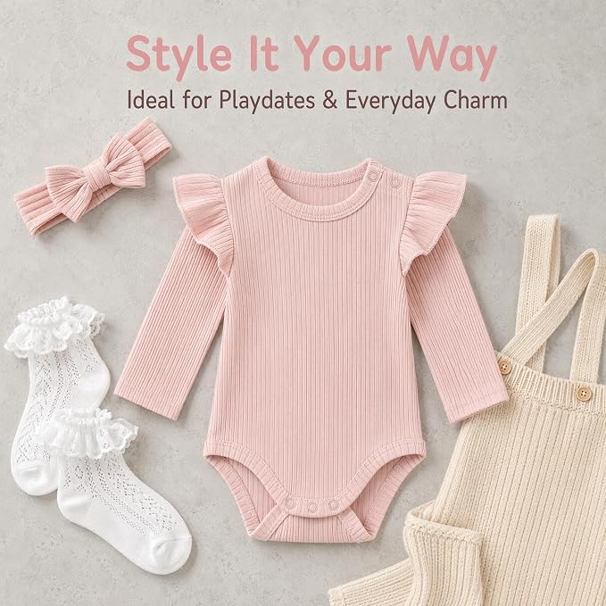 Baby Girl Knit Ruffle Outfit Clothes Ribbed 100% Organic Cotton Solid Color - Image 3