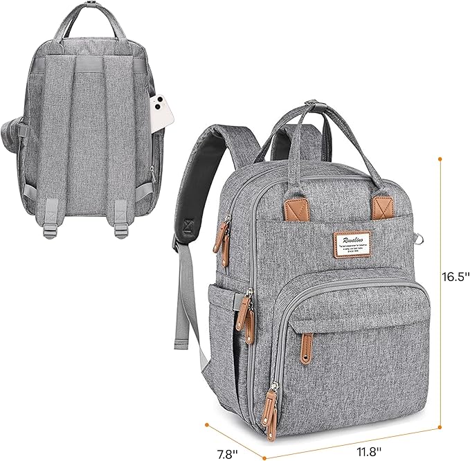 RUVALINO Diaper Bag Backpack-Multifunction Travel Baby Diaper Bag with Changing Pad, Insulated Bottle Holders & Pacifier Case, Large Capacity, Waterproof, Gray