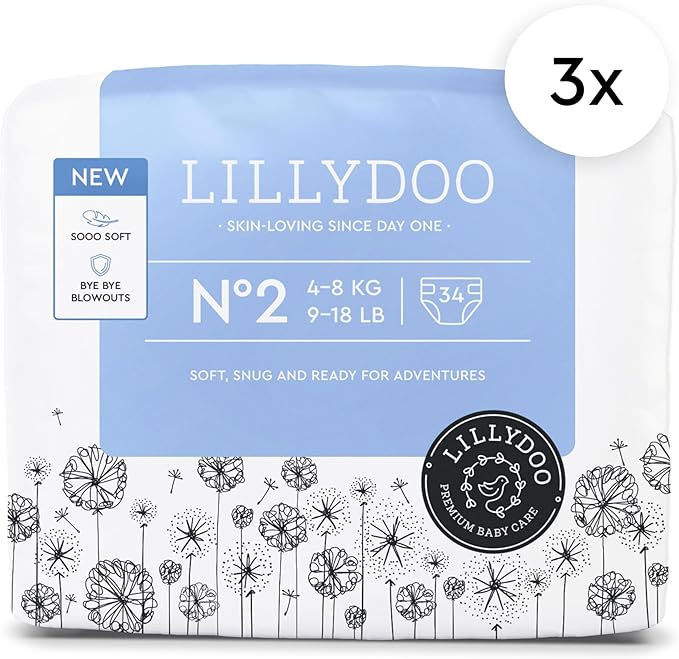 LILLYDOO Baby Diapers - Size 2 (9-18 lbs), Half-Monthly Supply (102 Count), Leak Protection, Skin-Friendly, Ultrasoft, Perfume- & Chlorine-Free, Hypoallergenic, Dermatologist Tested, Oeko-TEX®