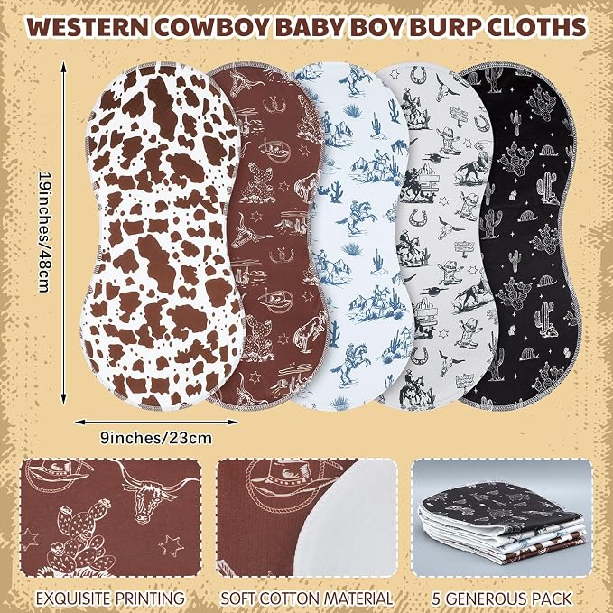 SmoothNovelty 5 Pack Vintage Western Baby Burp Cloths Soft Absorbent Burping - Image 2