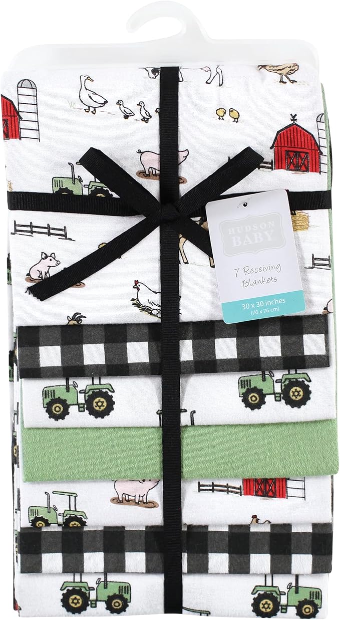 Hudson Baby Unisex Baby Cotton Flannel Receiving Blankets Bundle, Boy Farm - Image 2