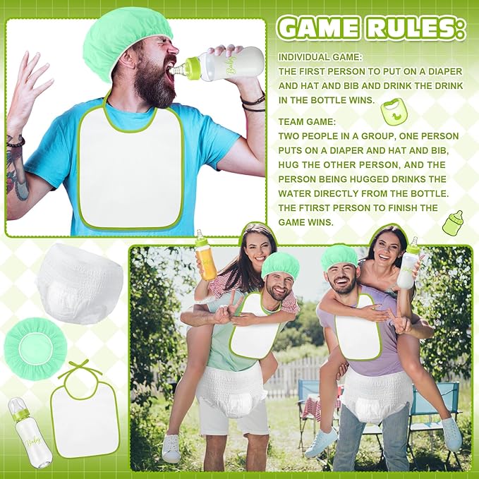6 Sets Bottle Chug Baby Shower Games Juegos Para Plastic Baby Bottles Bibs Hat Disposable Diapers Gender Reveal Games Baby Changing Diaper Race Game Decoration (Green)