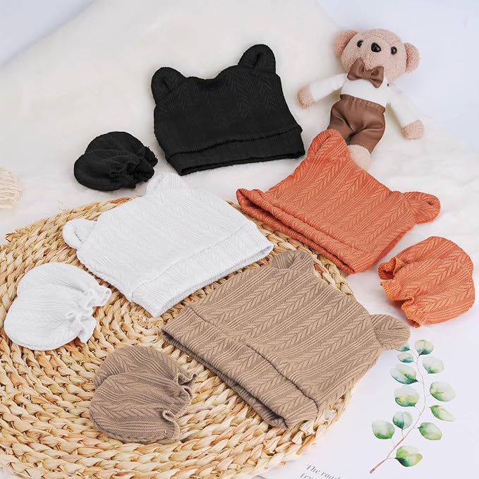 BQUBO Newborn Baby Hats Bear Ears and Mittens Sets Preemie Caps Baby Boy Girl - Image 7