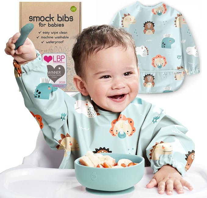 Waterproof Smock Baby Bibs for Eating | Long Sleeve Bib for Baby Led Weaning by Nombear